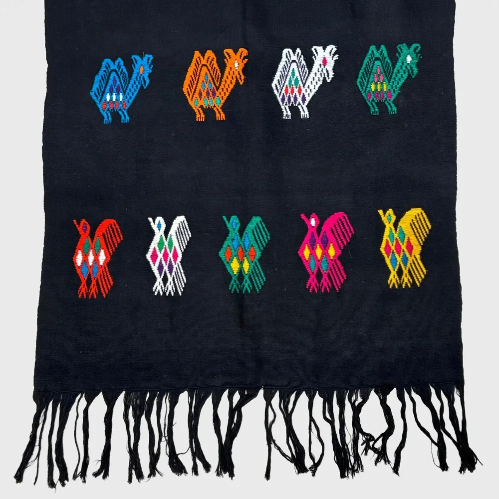 VTG Handwoven Guatemalan Embroidered Bird Textile Fringe Tapestry Runner Rainbow